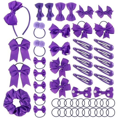 55Pcs Girls School Hair Accessories Purple Bow Hair Clips Bow Headband Ponytail Holder Elastics Bands Ribbon Hair Barrettes Girls Hair Accessories Christmas Birthday Gift