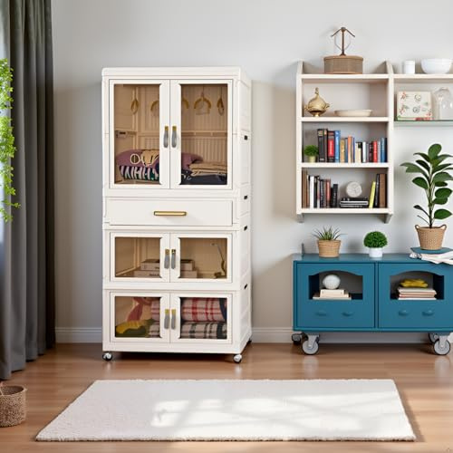 AllE quip Armario plegable de plástico con puertas magnéticas y ruedas, 1 colgador y 3 estantes de almacenamiento, 64 x 42 x 161,5 cm, armarios multiusos estables y robustos para el hogar y la oficina