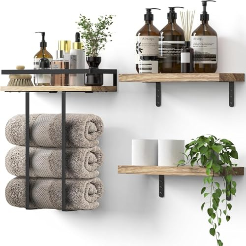 GUIGUZI Toallero de Baño de Pared 42cm Toallero Vertical con Estante Negro, Almacenamiento para Toallas enrolladas Baño Soporte para Toallas de Mano Grandes Toallas de Playa, con Dos estantes