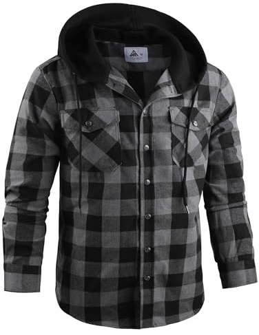 ZITY Men's Plaid Shirt Checked Shirts Button Down Flannel Shirt Long Sleeve Hoodie Double Chest Pockets Classic Shirt Jacket M-3XL