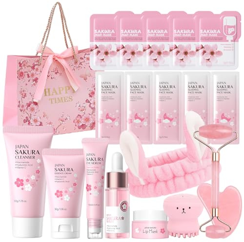 19 Stück Sakura Gesichtspflege Set, mit Cleanser, Serum, Guasha Stein, Gesichtsroller Rosenquarz, Gesicht Reinigung & Pflege, Sakura Skin Care Set, Geschenke für Teenager Mädchen und Frauen