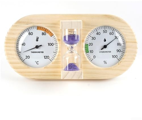 Termoigrometro per sauna in legno con doppi quadranti analogici e timer a clessidra da 15 minuti, montaggio a parete, per temperatura precisa (20-120°C ±2°C) e umidità (C)