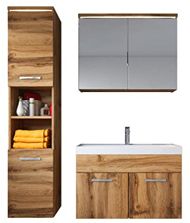 Badezimmer Badmöbel Set Paso LED 80cm Waschbecken Eiche - Unterschrank Hochschrank Waschbecken Spiegelschrank