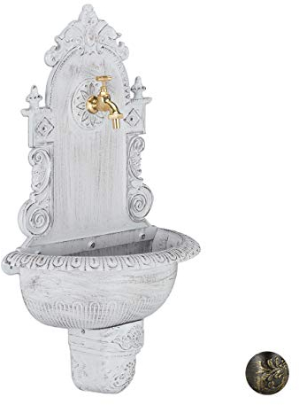 Relaxdays XL Wandbrunnen antik, mit Wasserhahn, nostalgisch, Waschbecken Garten, Aluguss, HBT 75 x 44 x 22 cm, weiß