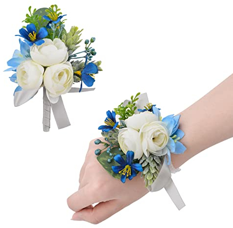 URROMA 2 Stück Handgelenk-Ansteckblume für Hochzeit, Handgelenk, Ansteckblume und Knopflochblume für Hochzeit, Brautjungfer, Party, Abschlussball, Dekorationen, Weiß und Blau