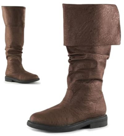 ORANDESIGNE Stivaletti da Uomo Medievali Stivali in Pelle PU Vintage Scarpe Piatte Corte Rinascimento Cavaliere Vichingo Prince Scarpe Cosplay Accessori per Costumi Pirata H Marrone 45 EU