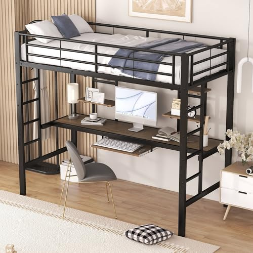 Moimhear Estructura de cama de metal, cama de hierro, cama alta con escritorio y dos estanterías para niños, adolescentes y adultos, 90 x 200 cm, negro, WX000123