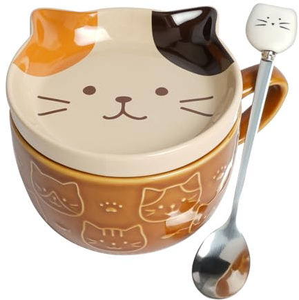 HOTUT Bonita taza de gato con tapa, bonito juego de platillos de taza de café y té, tazas de cerámica Kawaii con soporte para galletas y cuchara, divertidas tazas de desayuno para niñas, amigos, niños