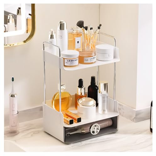 NUODWELL Makeup Organiser with Drawer, Bathroom Countertop Skincare Cosmetic Organizer, Desk Tidy Storage Shelf for Cosmetics, Toiletries, Lotions, Perfumes (White)