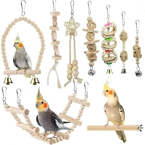 Giochi per Pappagalli, Confezione da 9 Pezzi, Altalene per Parrocchetti e Cockatiels, Giocattolo da Masticare per Uccelli Adorabili