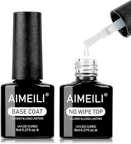 AIMEILI Base und Top Coat Gel UV, Unterlack und Überlack für Nägel No Wipe Top Coat Gel UV Extra Shine UV Base Coat Long Lasting 2 x 8ml