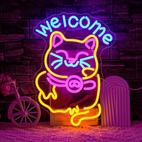 LMSIGNLY Lucky Cat Neon Sign for Wall Decor Welcome Neon Cute Cat Light Fortune Kitten LED Signs Animal Light up Sign for Business Resturant Shop Wall Decor