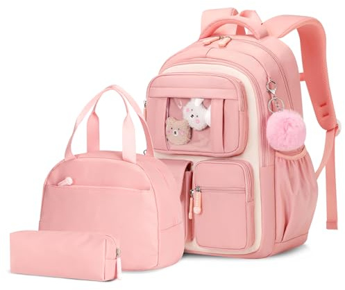 Amythe Skolväska, flickryggsäck, barn, 3-delad skolryggsäck i nylon med lunchpaket, pennfodral, ledig skolväska, andningsaktiv för skolresor, 1:5. Klass
