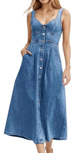 pvucpot Abito Lungo In Denim Abiti Lungo Da Donne Primavera Estate Abiti Vintage Alla Da Stile Semplice Donna Abito Casual Da Donna Maniche Corte Con Bottoni Jean