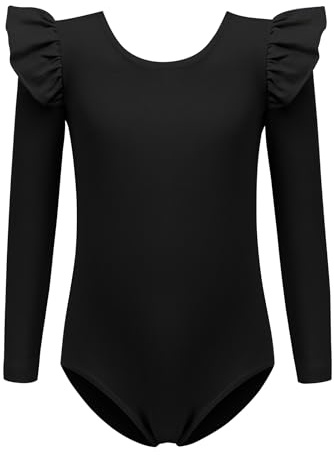 Arshiner Mädchen Einfarbig Gymnastikanzug Flatterärmel Turnanzug Kinder Langarm Gymnastik Ballett Trikot Klassisch Tanzender Leotard Gymnastik Outfit für Mädchen Schwarz 140 5-6 Jahre