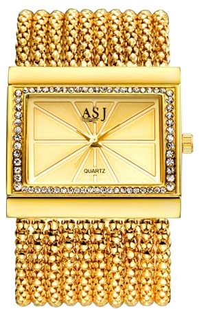 JewelryWe Montre Femme Rectangulaire Dorée: Montre Bracelet Large Chaîne Multirang avec Zircon Imite Diamant,Mouvement Quartz,Élégance et Style pour Soirées, Cadeau pour la Fête des Mères