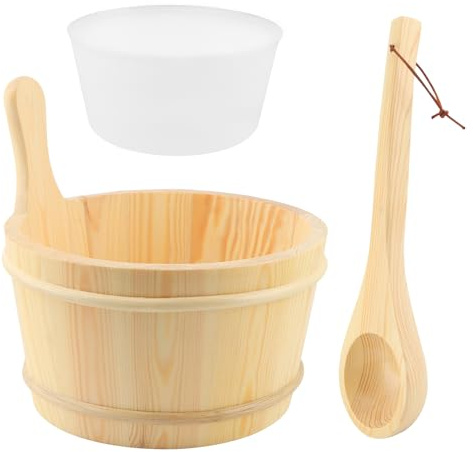 DiQiRenQin Sauna Bucket and Ladle Set - Wooden Bucket and Ladle, 1 Gallon (4 Liters) Water Capacity, Sauna Accessories Kit