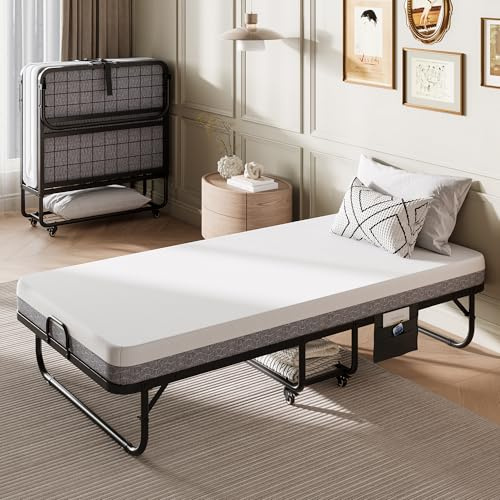 Einhomn Folding Bed with Mattress, 76 x 38 Inch Roll Away Foldable Bed Frame Twin Size with Storage Shelf & Side Pocket, Portable Fold Up Guest Bed with Heavy-Duty Metal Frame for Adults, Space Saving
