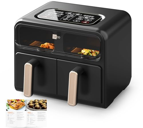 aeco FryQ ELITE Duo XL8 Heißluftfritteuse2 Kammern | Dual Zone Airfryer 8L gesamt | Mit Sichtfenster, 2400W Sync-Funktion & Touch-Display | Zum Braten, Backen, Grillen | Ideal für Familie & Meal Prep