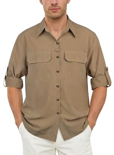 BSBUY Men's Long Sleeve Shirts Sun Protection Safari Shirts Quick Dry Roll-Up Button-Down Shirt Breathable Military Tactical Shirts Cargo Work Shirts Blouses Outdoor Fishing Hiking Overshirts(L)