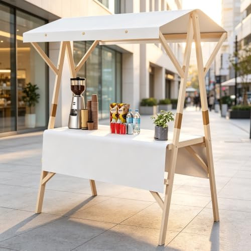 PAKMEZ Puesto de Mercado Plegable de Madera con Toldo a Rayas, Carrito de Venta Portátil para Eventos Ferias y Tiendas Pop-up