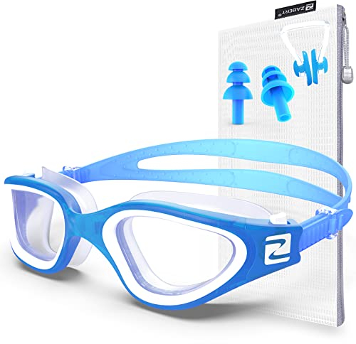 ZABERT Schwimmbrille, W1 Schwimmbrillen für Erwachsene Herren Damen Männer Frauen Profi Schwimmen Brille Antibeschlag UV Schutz Triathlon Schwimmbrille Blau Weiß Klar Klare Gläser Clear