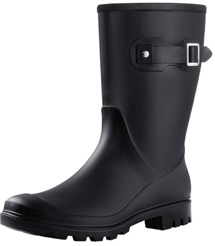 Evshine Women's Mid Calf Rain Boots Waterproof Garden Shoes Matte Black, 38