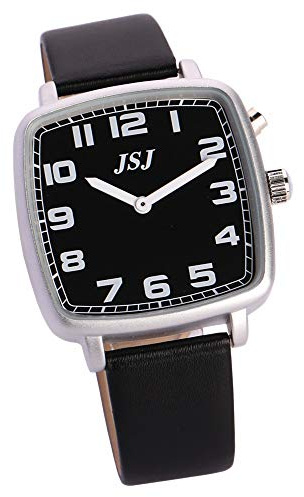 VISIONU Montre Parlante Analogique de Forme Carrée avec Fonction Alarme Annonce de l'heure et Date en Français, Cadran Noir, Bracelet Cuir Noir TFSW-1711F