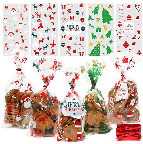 120 Stück Cellophantüten, Weihnachten Süßigkeiten Tüten, Kekse Goody Taschen mit 120 Stück Twist Krawatten, Tütchen Zum Befüllen, Zellophantüten Klein für Plätzchen Kekse Pralinen (5 Stilen)