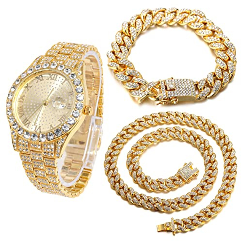 Halukakah Diamant Golduhr, Herren 18K Echt Vergoldet 42MM Breite Rund Wählen Quarz Armband 24cm mit Kubanischer Link Kette 20+45cm Halskette Armband Set, mit Geschenkbox