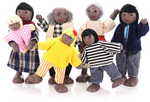 TIESOME Puppenhaus Familienfiguren, 7 Stück Holz Puppenhaus Familie Menschen Mini verstellbare Familienpuppen Figuren Familie Rollenspielfiguren Miniatur Puppenhaus Zubehör (A)