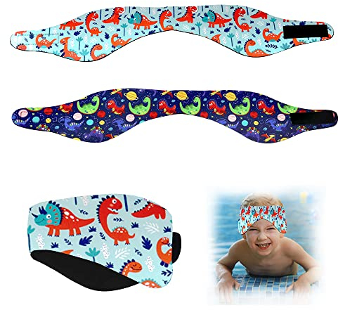 2STK Schwimmen Stirnband Wasserdicht Neopren Schwimmband mit Hohe Elastizität und Klettverschluss Dino-Muster Ohrenband Wasser fernhalten Halten Sie die Ohrstöpsel im Band für Kinder Erwachsene