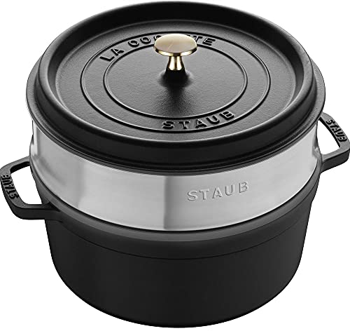 STAUB Cacerola redonda de hierro fundido con vaporera, 24 cm, color negro