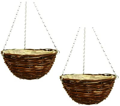 Fyne-Finds Set of 2, 36cm 14Inch Dark Brown Wicker Hanging Basket Lined Rattan Willow Planter With Liner Metal Chain