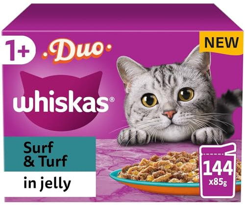 Whiskas 1+ Surf & Turf in Jelly 144 x 85g Pouches – Adult Wet Cat Food Megapack with Meat & Fish Variety, Nutritionally Balanced Meals with Essential Vitamins & Minerals for Cats Aged 1+