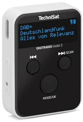 TechniSat DigitRadio Mobil 2 – Bärbar DAB+/FM-miniradio med integrerat batteri (laddningsbar fickradio, hörlurar, OLED-skärm, favoritminne) svart/vit