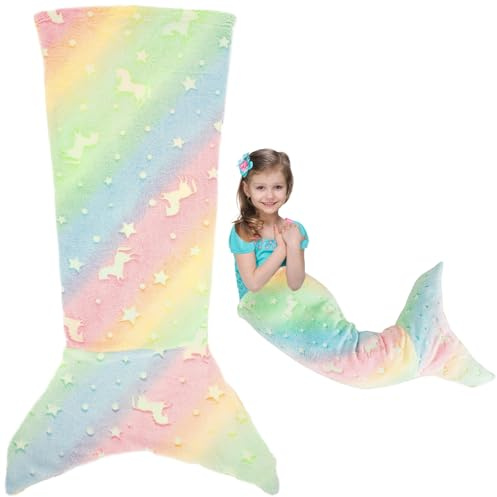 50x100cm Mermaid Tail Blanket, Luminous Little Mermaid Blanket for Girls Gifts, Ultra-Soft Flannel Sleeping Blankets Fish Scale Pattern Snuggle Blankets for Toddlers Birthday (pink green)