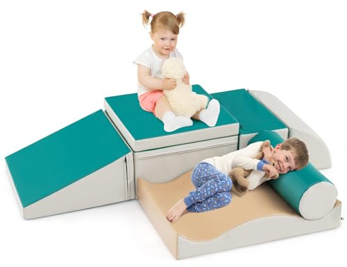 COSTWAY 7PCS Parcours Motricité Bébé en Mousse avec Housse en PU, Module Motricité Bébé avec Diverses Couleurs & Formes, Jouets Éducatifs pour Ramper Grimper, Nettoyage Facile, 18 Mois+ (Vert)