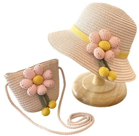 OPVXZAD Cappello Borsa di Paglia con Fiore,Cappello da Sole per Bambina e Borse Se per Cappello da Spiaggia Vacanza Cappellino Traspirante Outdoor 2-5 Anni