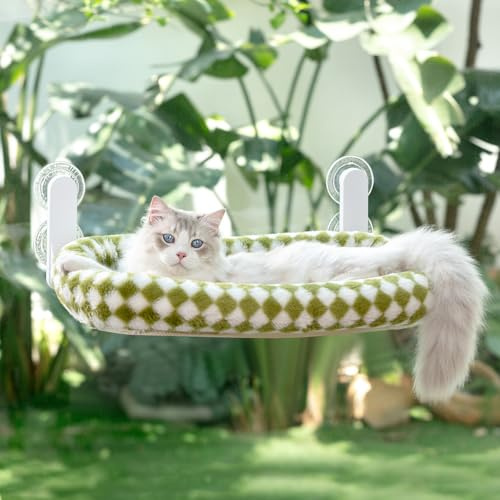 GUUSII HOME Foldable Cat Window Bed Indoor Hammock Perch for Large Cats Cordless Hanging Kitten Seat Shelf with Suction Cups Reversible Soft Plush Cushion Machine Washable 54 * 30cm (Green, M)
