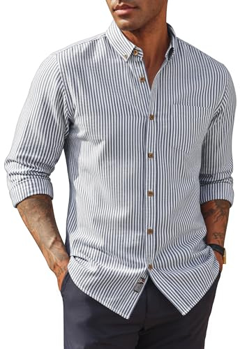 PJ PAUL JONES Mens Cotton Linen Button Down Long Sleeve Casual Shirt Business Shirts Navy Blue Stripes M