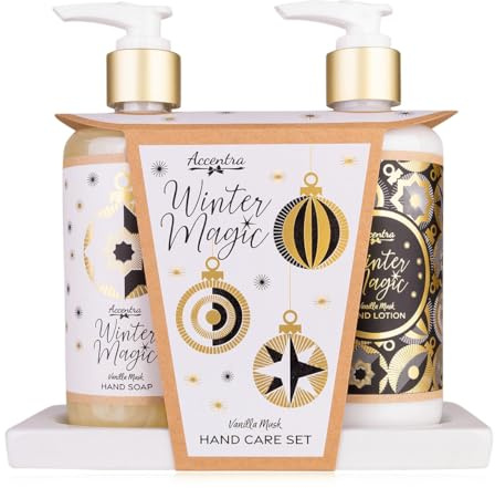 Accentra Winter Magic Hand Care Set on Ceramic Tray, 2-Piece Gift Set for Women with Hand Soap and Hand Lotion in Pump Dispenser, Vanilla Musk Fragrance, Elegant Care Set, Ideal Christmas Gift