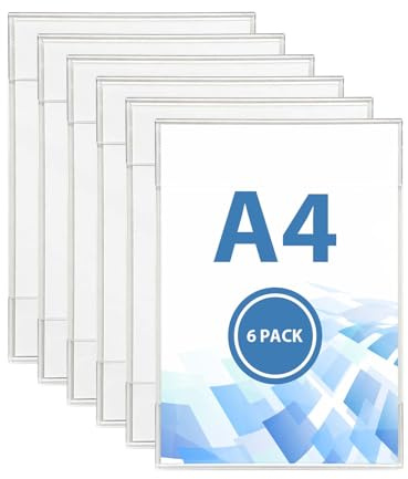 6 Pcs Soporte de Pared A4 Adhesivo, Expositor de Metacrilato Transparente para Carteles, Porta Documentos y Letreros, con Cinta Fuerte, para Oficina, Tienda, Restaurante y Hogar, Vertical/Horizontal