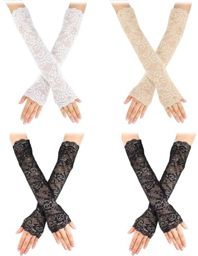 zhongko 4 Pairs Lace Arm Gloves for Women, Long Elegant Sleeves to Cover Arms, Fingerless Lace Gloves, Floral Flower Pattern Sleeves for Opera, Tea Party, Include Black White Skin Colour