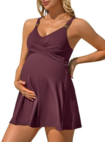 Charmo Supportive Maternity One Piece Swimsuit with Skirt Ribbed Ruched Pregnancy Swimdress Modest Bathing Suit Fuchsia XL