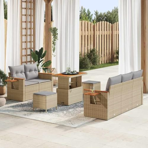Frdhee Sofá pequeño para exteriores, juego de sofás de jardín con cojín, 8 unidades, beige y gris claro, grupo de banco de esquina para balcón, terraza, patio trasero