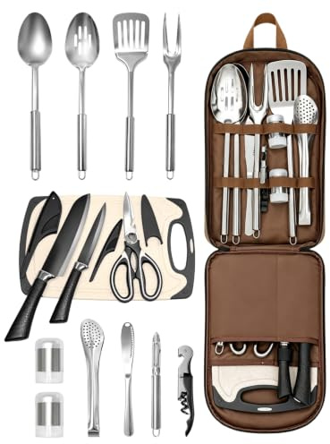 Ustensiles Cuisine Camping 15pcs Accessoires Camping Set Pique Nique BBQs | Cuisine Camping Accessoires de Cuisine Ustensile Equipee Complete pour Barbecue Pique Nique Trekking Avec Sac de Rangement