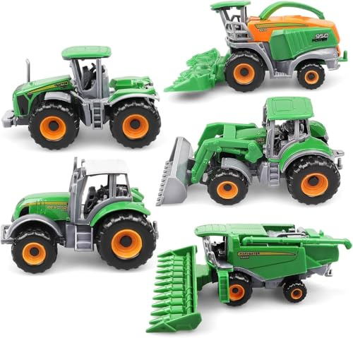 SZKALAK Lot de 5 Tracteurs Jouets Ferme en Métal, Mini Véhicules Agricoles avec Moissonneuse-Batteuse, Ensileuse et Camions, Jouets Ferme pour Enfants Garçons et Filles dès 3 Ans
