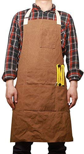 QEES Unisex Damen Herren Werkzeugschürze Arbeitsschürze mit Taschen Wasserdicht für Küche, Garten, Werkstatt, Garage (Dunkelbraun) WQ05-0