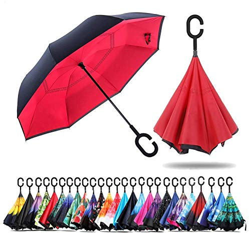 NNY Inc Parapluie double face coupe-vent et protecteur contre les UV - Pliable - Parapluie droit inversé pour hommes et femmes - Autoportant - Poignée en forme de C - pour golf/voitures (rouge)